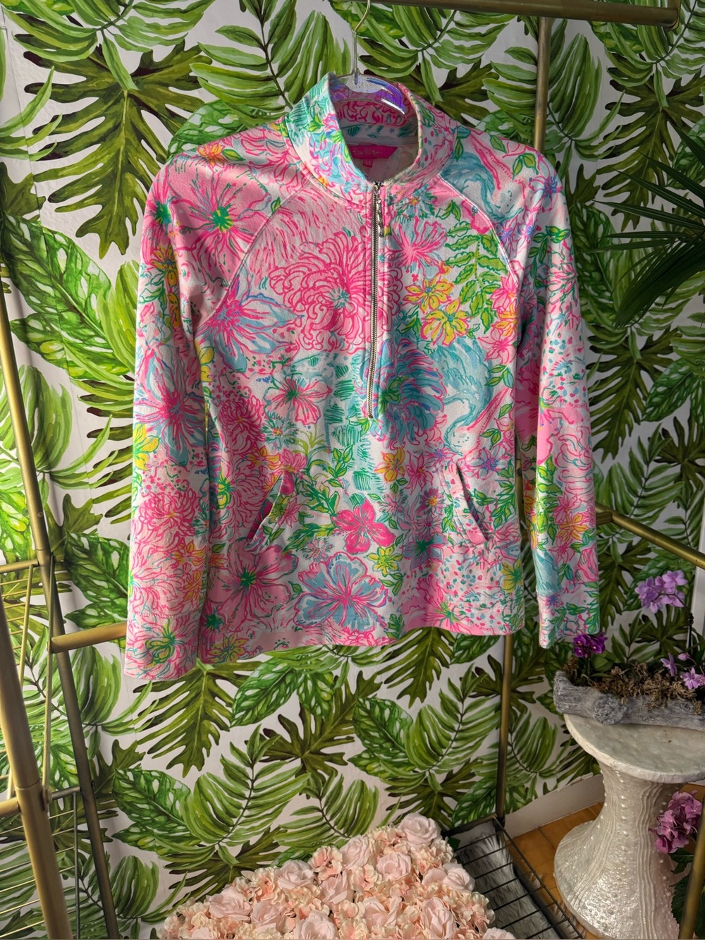 Lilly Pulitzer Pink & Aqua Floral Quarter-Zip Pullover